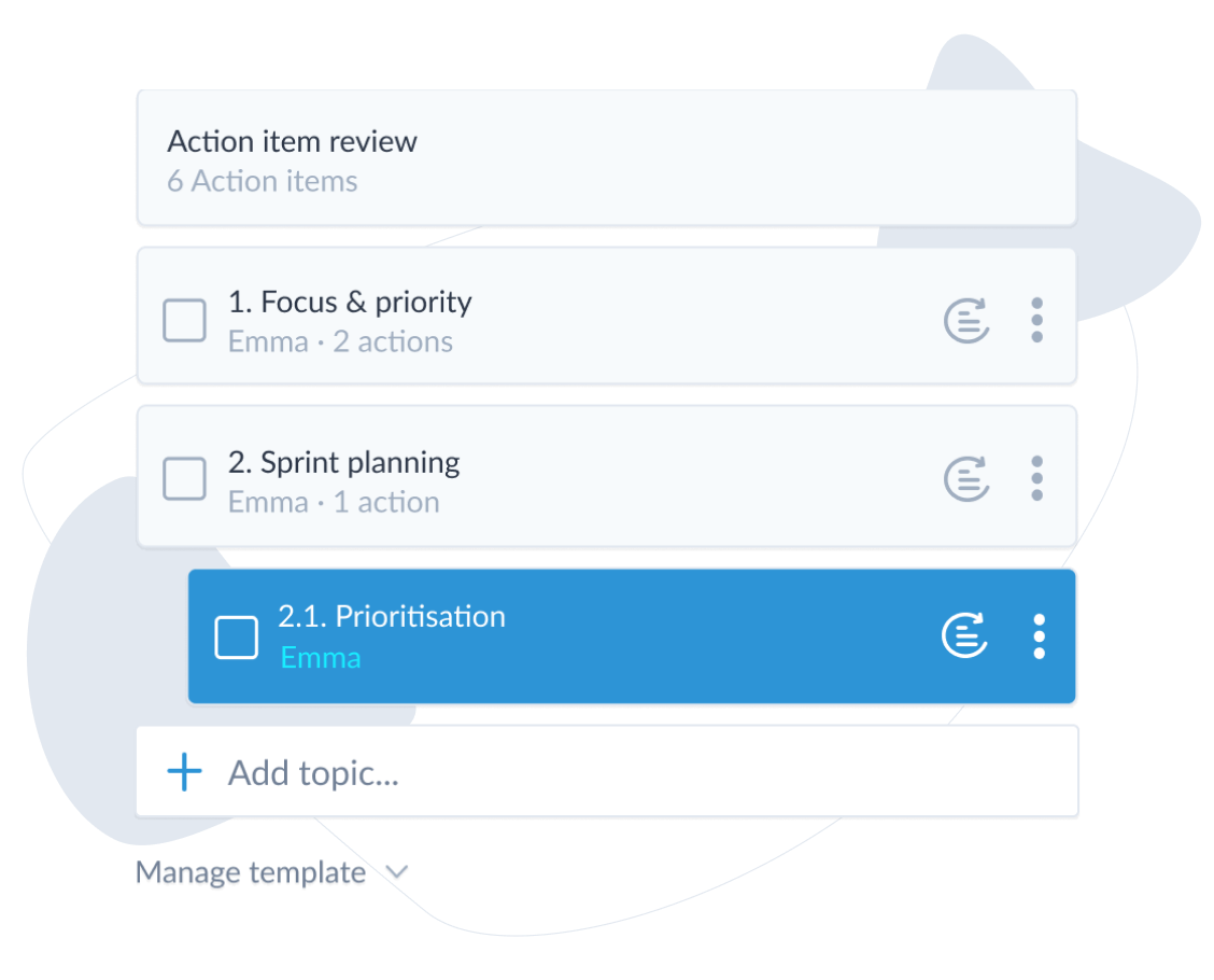 MinuteMe topic components displaying 3 meeting topics and an input to add a new topic